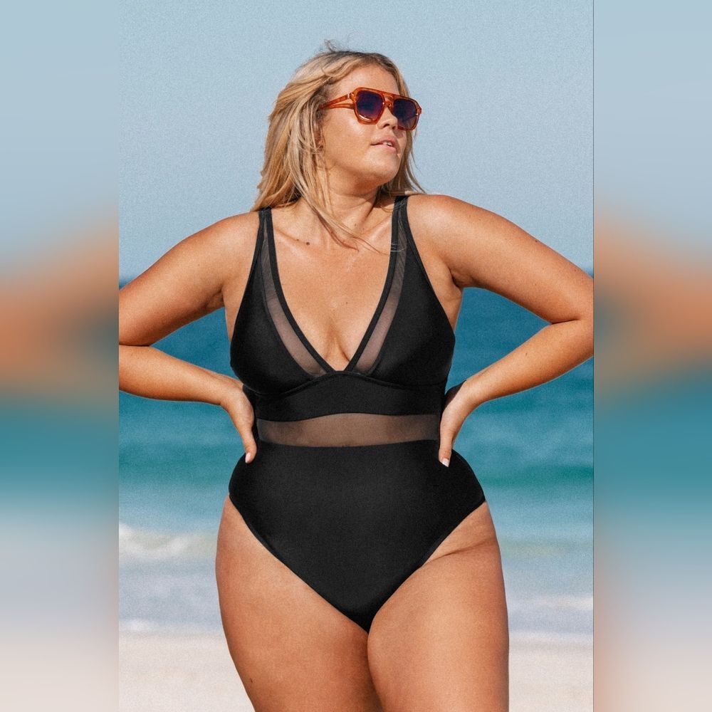 Cupshe Women's NWT Black Omniscient Mesh Tummy Control One Piece Swimsuit Sz 2X